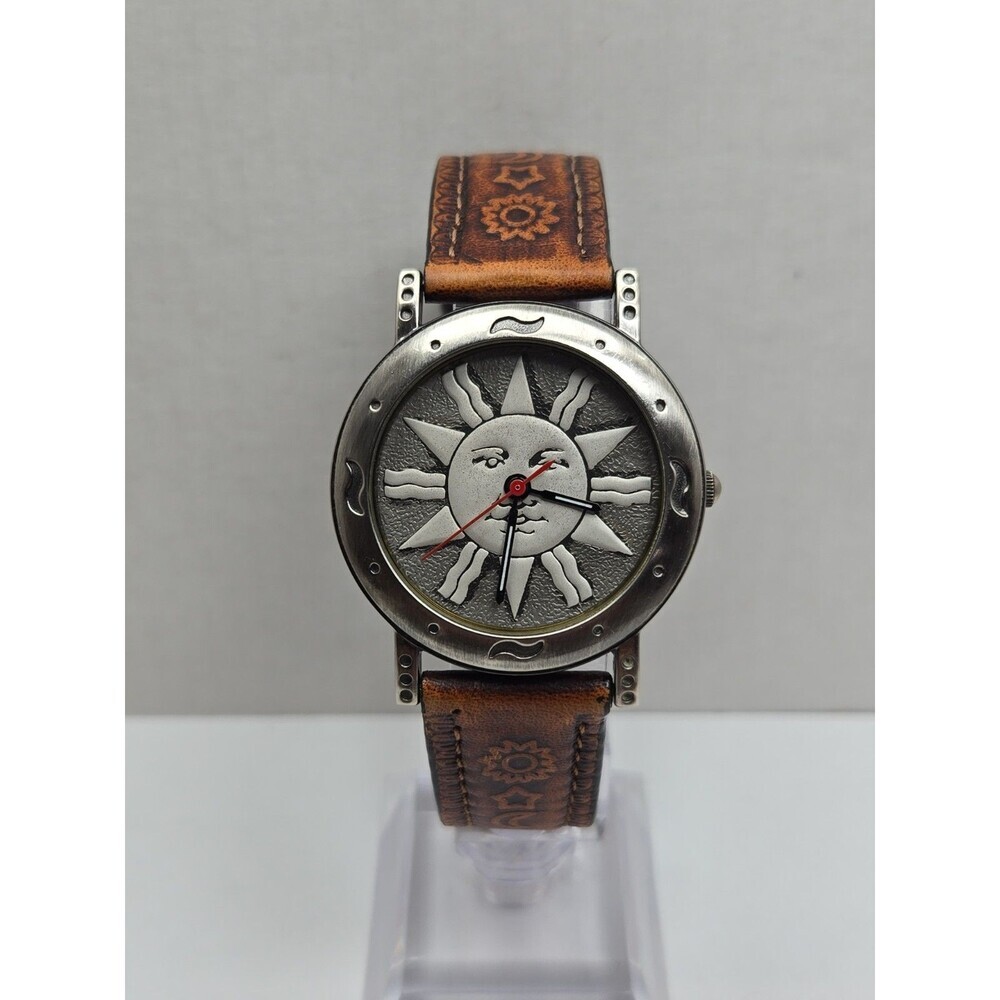 Vintage CS Ltd Hong Kong Celestial Sun Face Quartz Watch New Battery Brown Strap